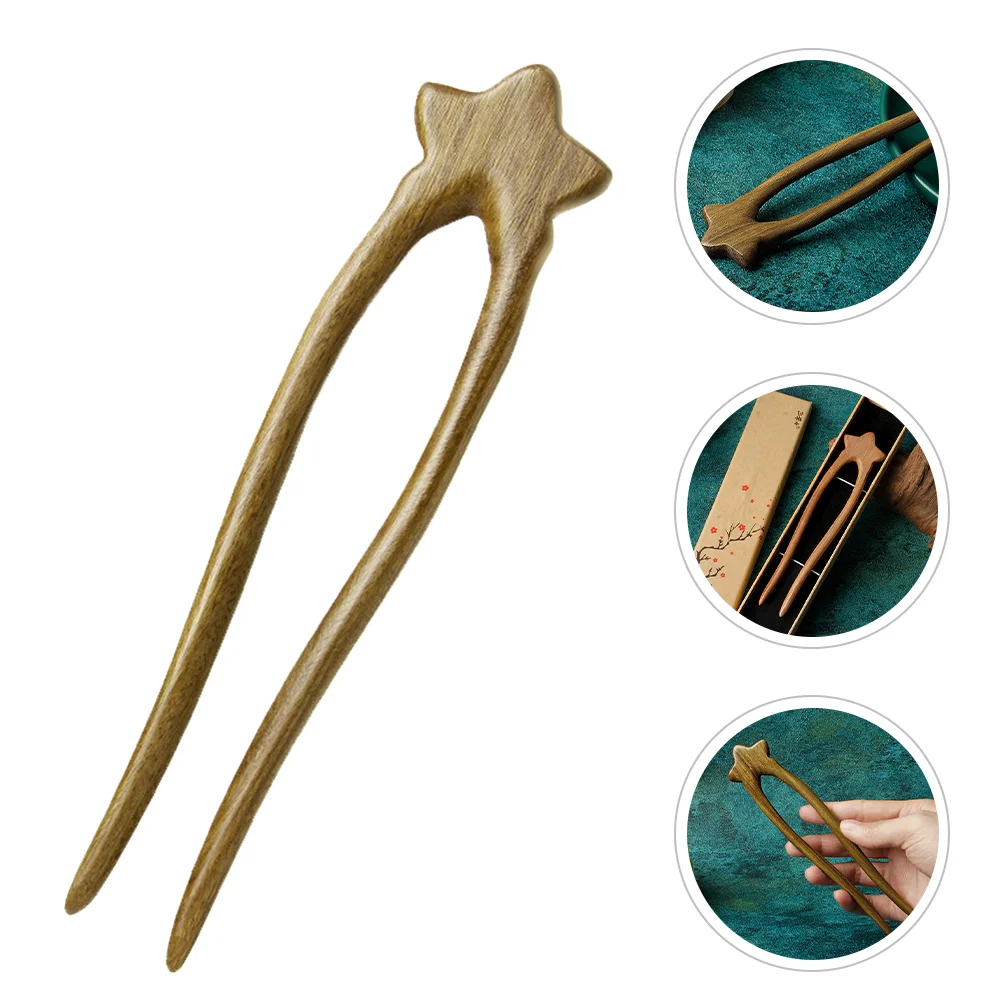 

Double Hairpin U shaped Wooden Sticks for Women Green Sandalwood Star Decorative French Accessories Bun for Women