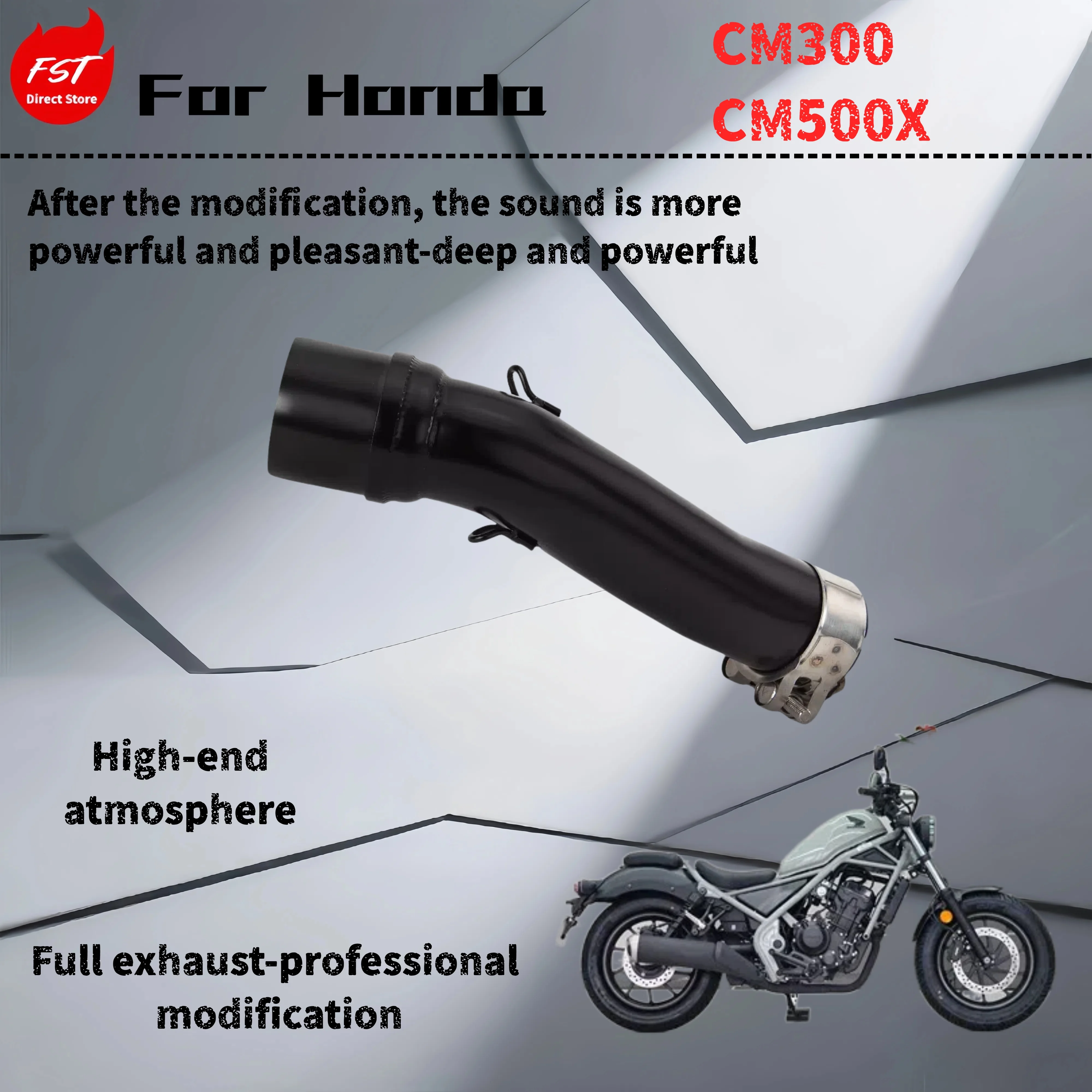 

For Honda CM300/CM500X -Modified mmid-section exhaust pipe-the sound is deep, rich and powerful