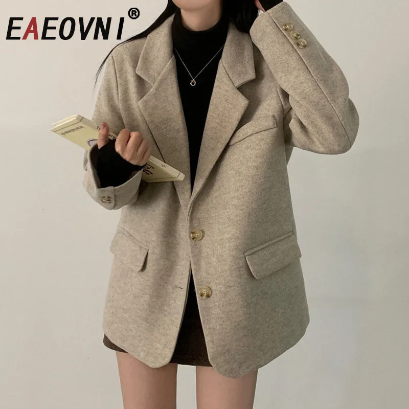 

EAEOVNI Autumn Winter Woolen Blazer Coat Women Solid Color Fashion Notched Collar Button Outerwear Jacket Office Lady Clothing