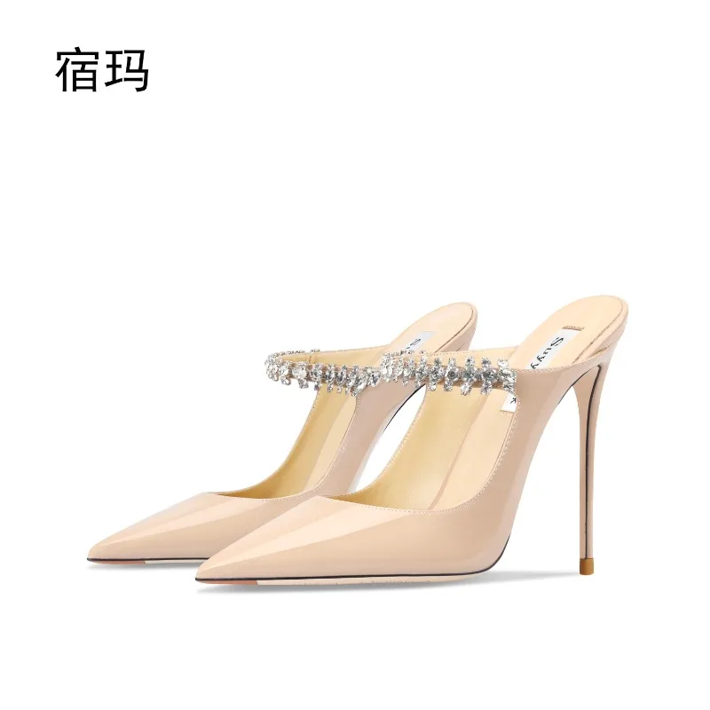 

Genuine leather nude patent leather rhinestone sandals women's summer 2025 new pointed empty crystal professional high heels