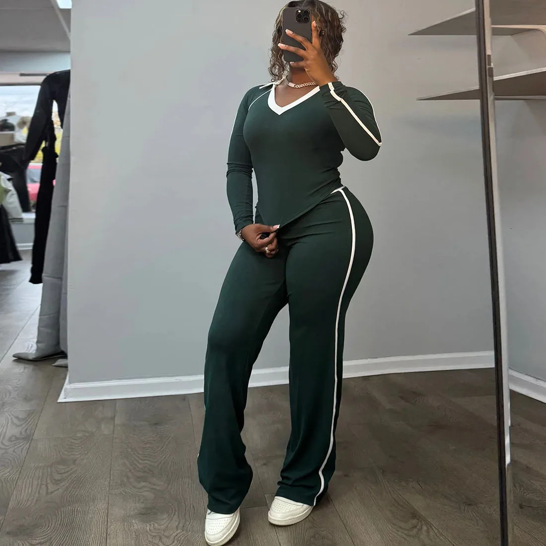 

Women Tracksuits Contrast Color Casual Homewear 2 Piece Set V Neck Full Sleeve T-shirts + Loose Straight Pants Streetwear Suits