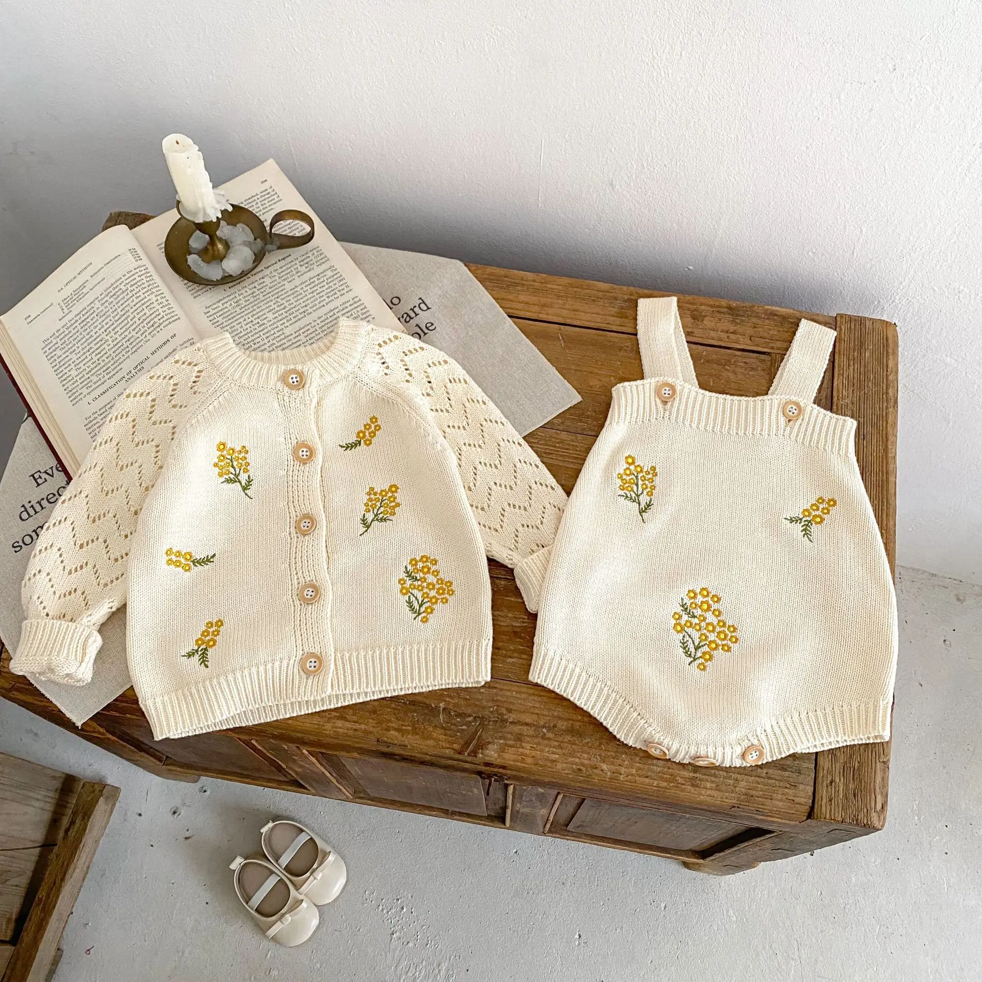 Baby Clothing 2024 Spring Girl Embroidered Hollow Long Sleeve Knitted Coat and Flower Romper Casual Simple Sweet Set