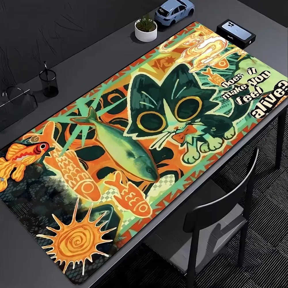 XXL Kawaii Cat Fish Collage Mouse Pad Anime Cartoon Print Non Slip Rubber Stitched Edge Desk Mat For Laptop PC Office Desktop