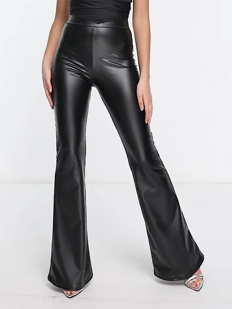 Vintage High Waist PU Leather Flare Pants Women Bodycon Bell-bottom Pants Disco Ladies Stretch Slim Trousers Clubwear New Custom