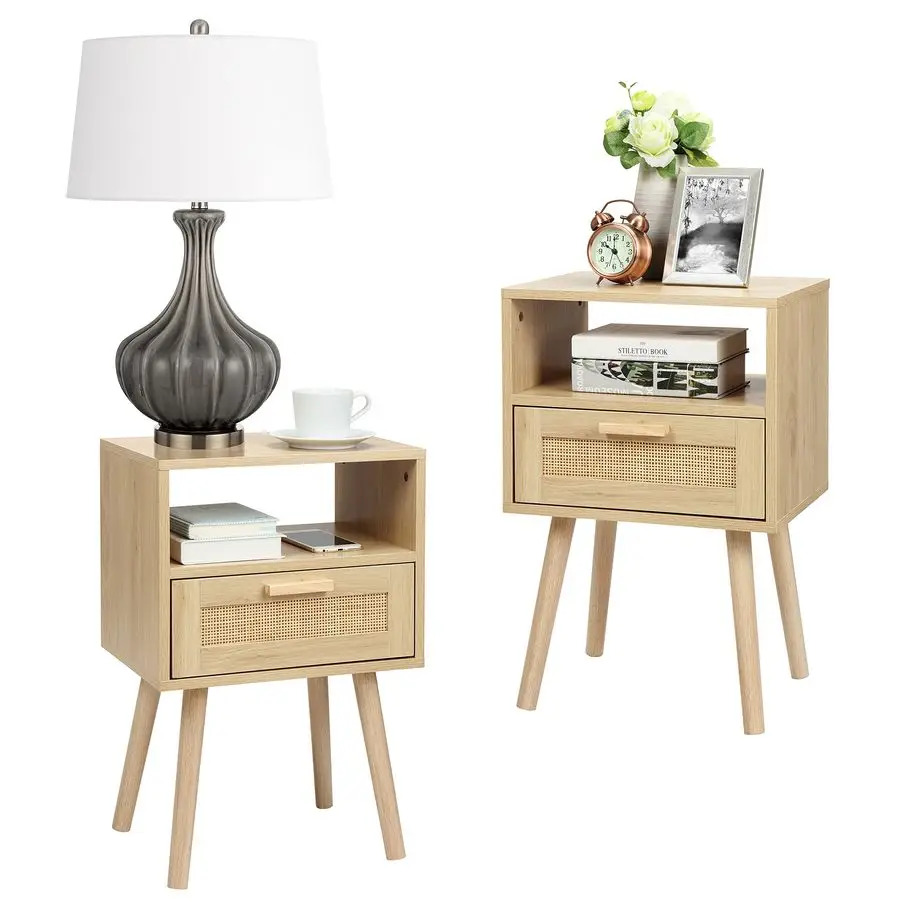 

Nightstands Set of 2, End Table, Nightstand, Side Table with Hand Made Rattan Decorated Drawers, Wood Accent Table with Storage