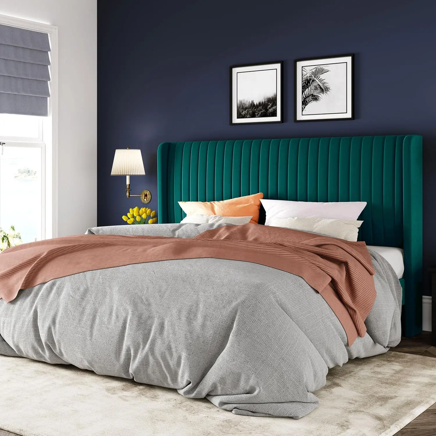 King Size Bed Frame/Velvet Upholstered Platform Bed/Vertical Channel Tufted Wingback Headboard/Strong Wooden, Customized