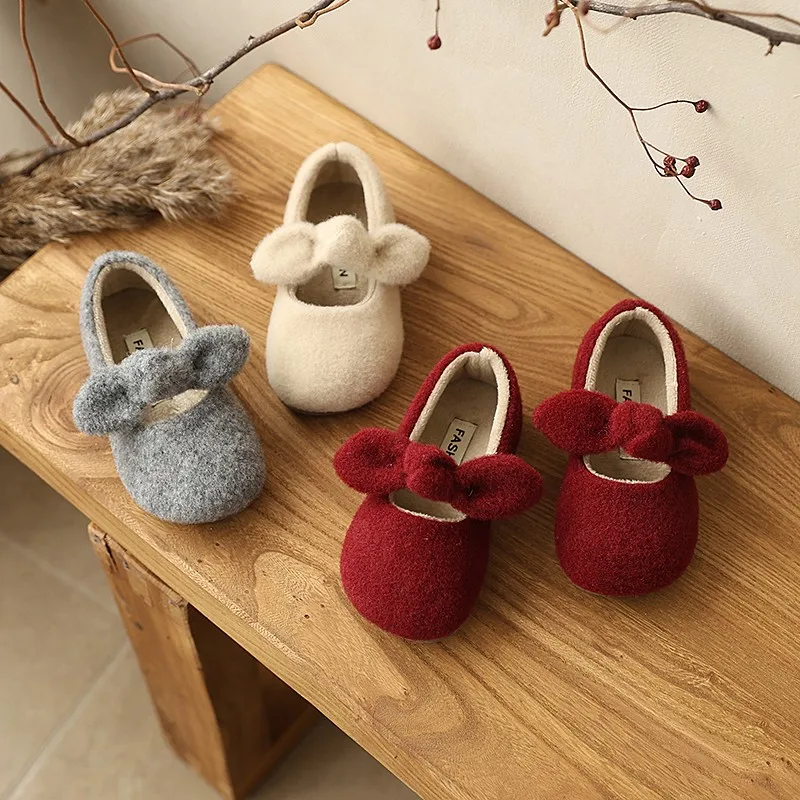 Warm Short Plush Ballet Flat Shoes Kid Girl Winter Bowknot Design Fleece Felt Mary Jane Shoes Baby Child Soft Wool Dress Zapatos