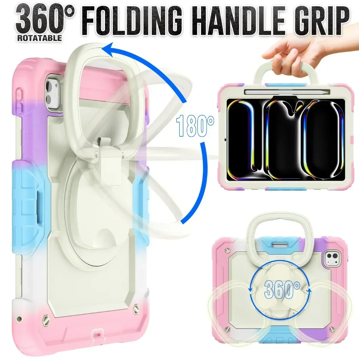 360 Rotation Kids Stand Case for IPad Pro Air 13 11 12.9 10.2 9.7 10 9 8 7 6 5 Th Mini 6 5 4 Cover Shockproof +Shoulder Strap