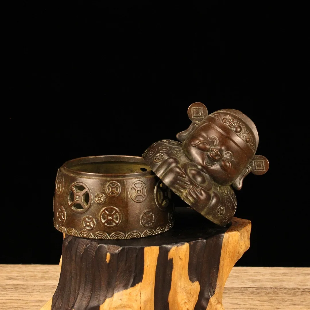 Bronze Retro God of Wealth Art Sculpture Feng Shui Ornament Metal Incense Stove Ashtray Storage Box Home Desktop Decoration