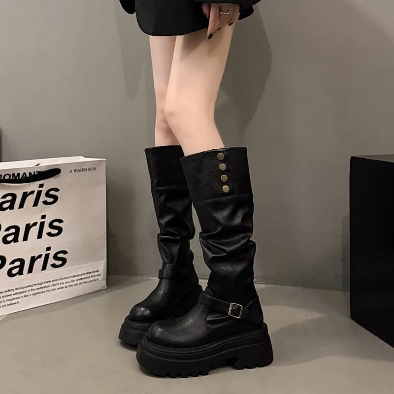 

Новинка 202, осенне-зимние женские сапоги до колена на платформе с толстой подошвой, женские элегантные рыцарские сапоги с пряжкой на ремне Женские Ботинки
