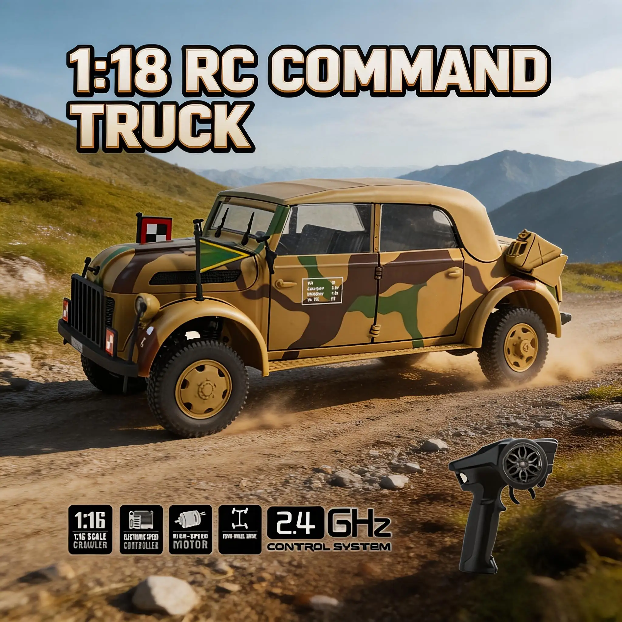 1:18 RC Military Command Truck with LED Light Sound 2.4Ghz Remote Control Off-Road Vehicle for Teens Adults 14+ Collectible Gift