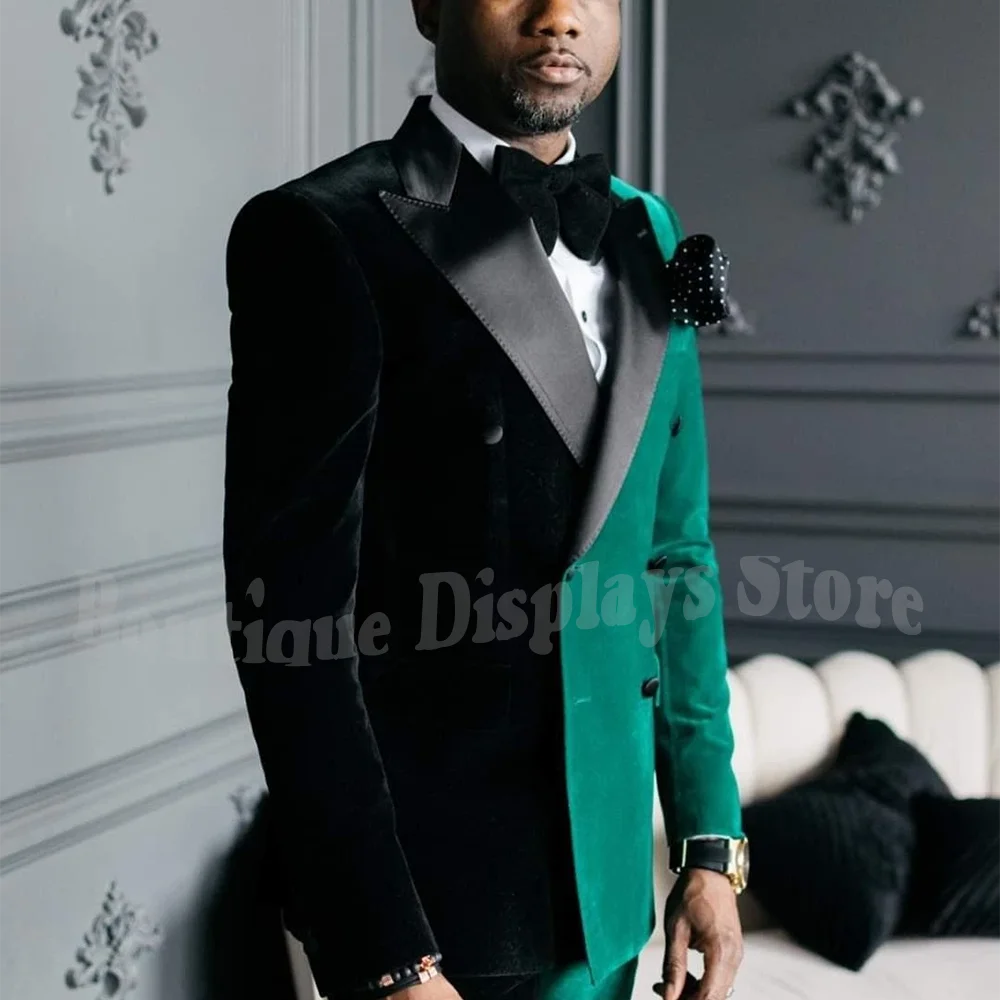 سليم صالح الرجال البدلة 2 قطعة أنيقة المخملية التباين اللون بلغت ذروتها التلبيب الزي مجموعة مزدوجة الصدر مصممة العريس بدلة الزفاف