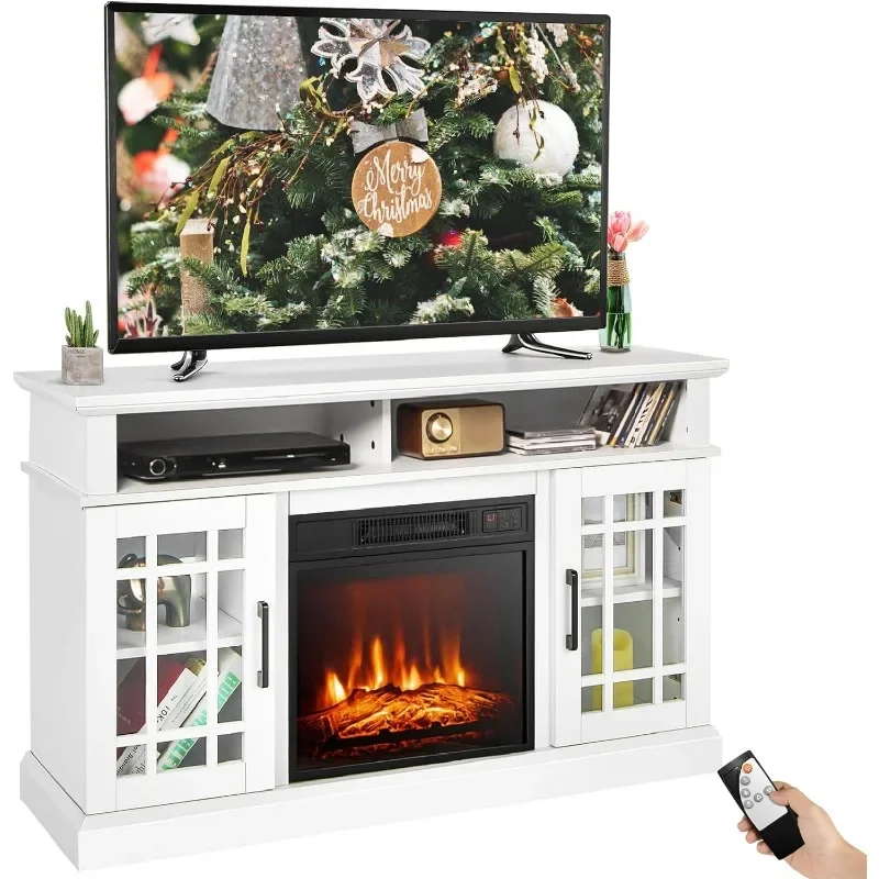 ZHENXIANG Fireplace TV Stand for 55 TV, 48 Inch Tv Stand with 18 Inch Electric Fireplace Heater, Mondern Tv Console w/Cabinets