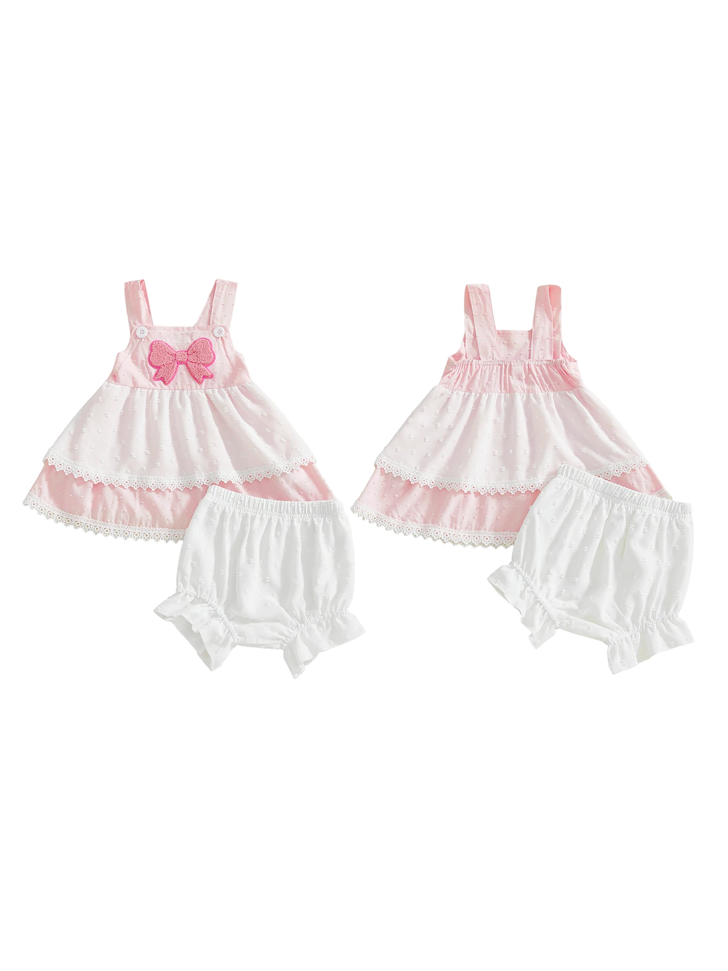 طقم رائع للفتيات الصغيرات مع قميص بدون أكمام بتفاصيل فيونكة وسروال قصير مكشكش ومطرز بالدانتيل مكون من قطعتين للصيف
