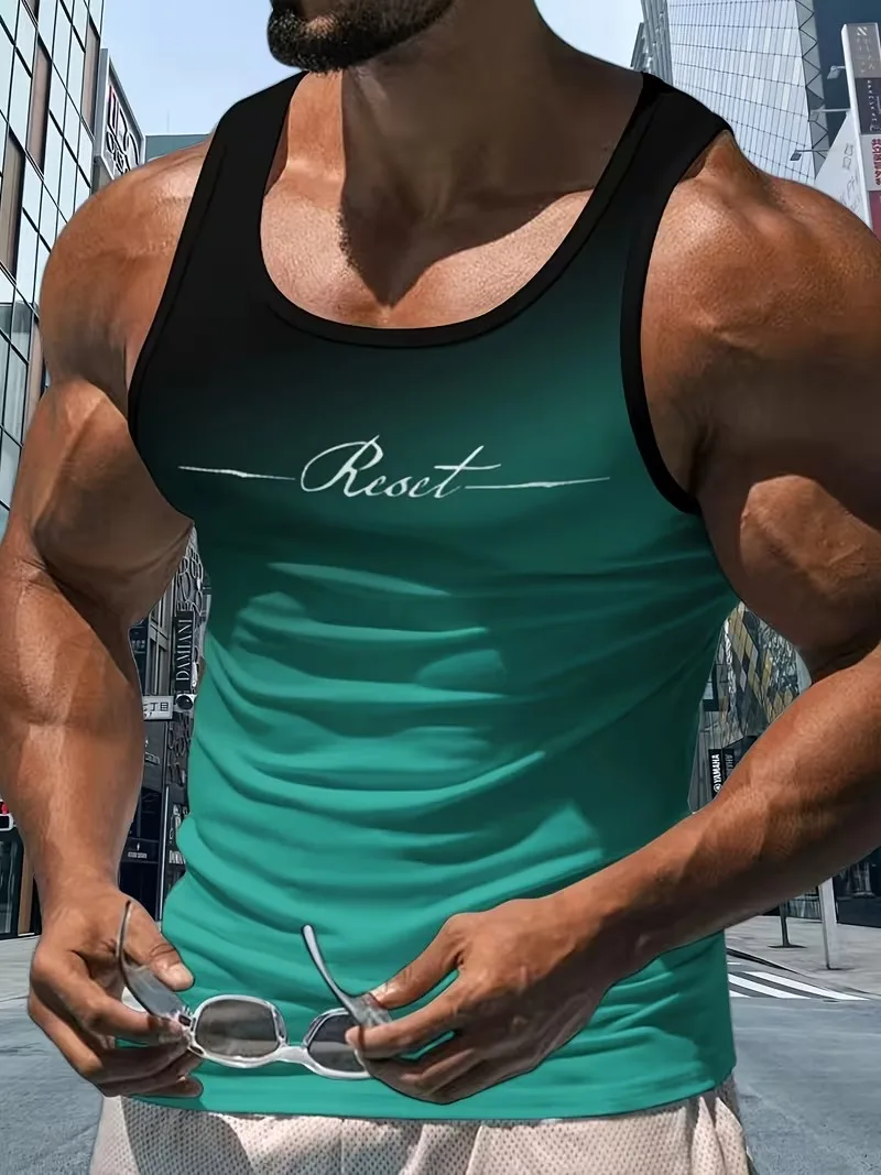 Fashion gradient color Print Graphic Men Round Neck Quick Drying Fitness Running Tank Top Leisure