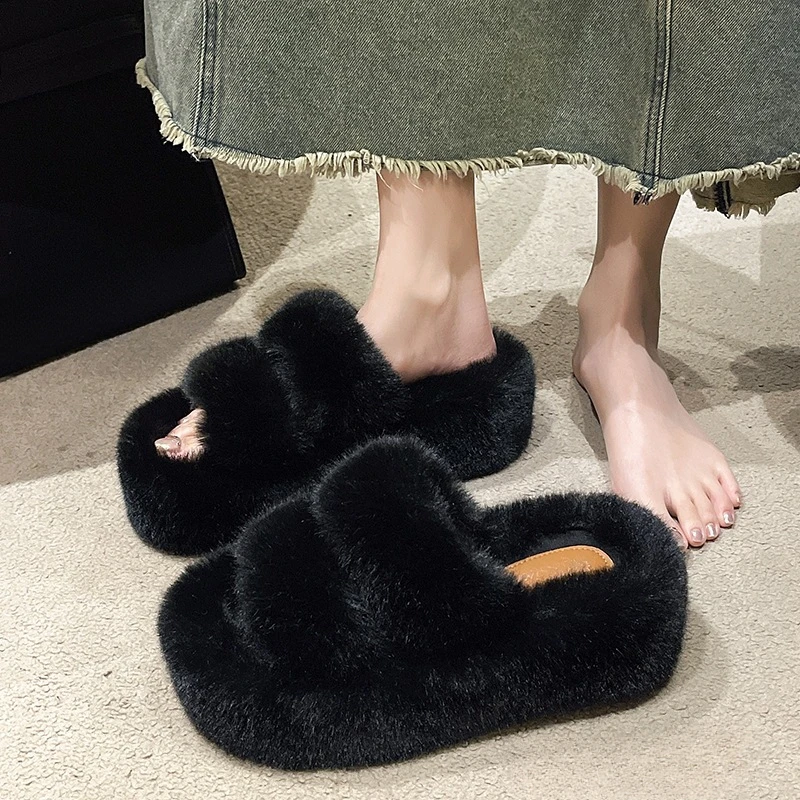 

Platform Large Size Thick Sole Heightening Heel Fur Slippers for Women To Wear As Outdoor Fashion Plush Shoes