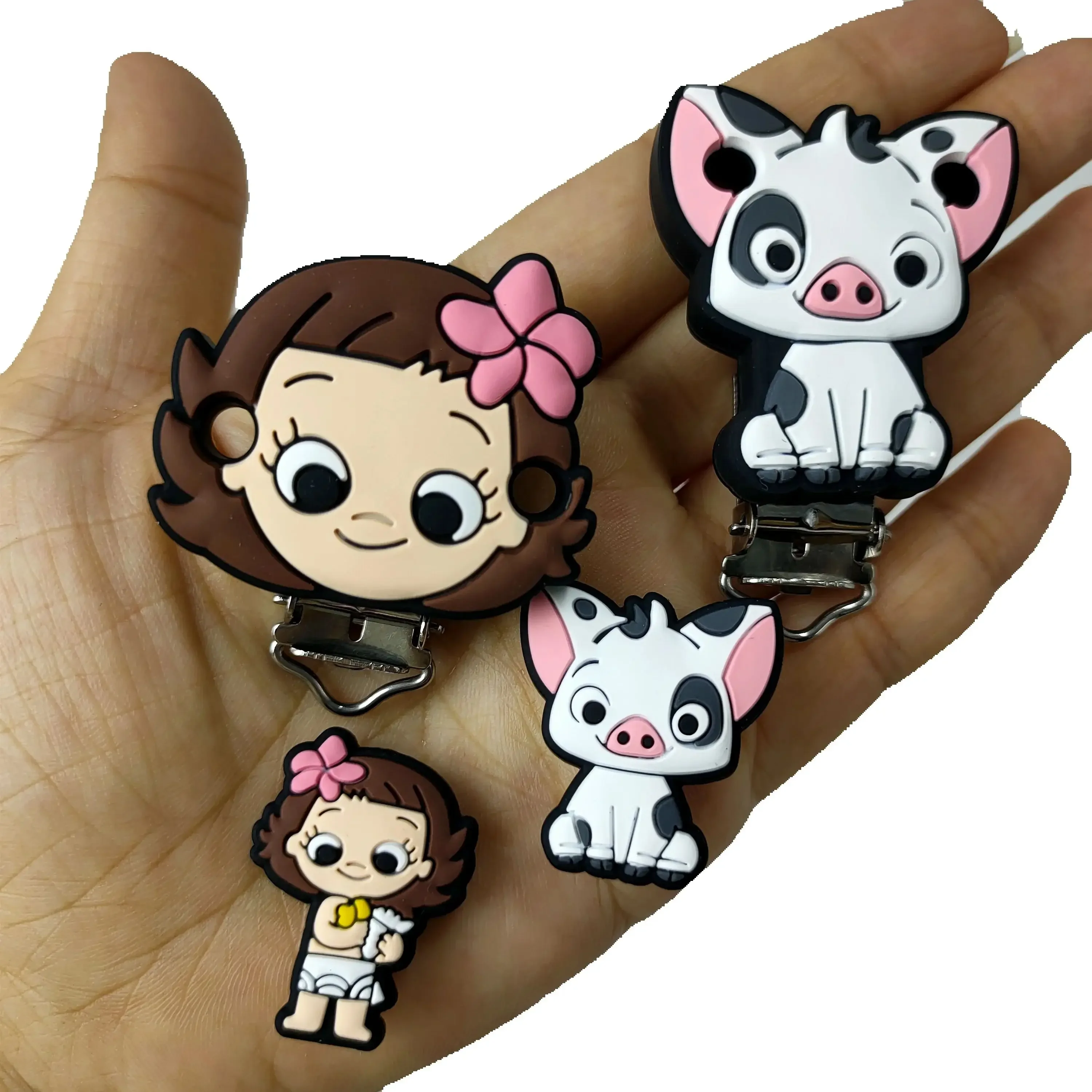 Anneau de dentition en Silicone pour bébé, 2 pièces, un ensemble de puces et dale Moana pua pig Timon, perles focales et attache-sucette, qualité alimentaire