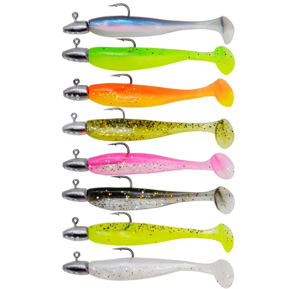 16Pcs T-schwanz Weiche Angeln Köder Abgestimmt Mit Jig Kopf Haken Künstliche Wobbler Swimbait Angeln Tackles Für Bass pike Pesca