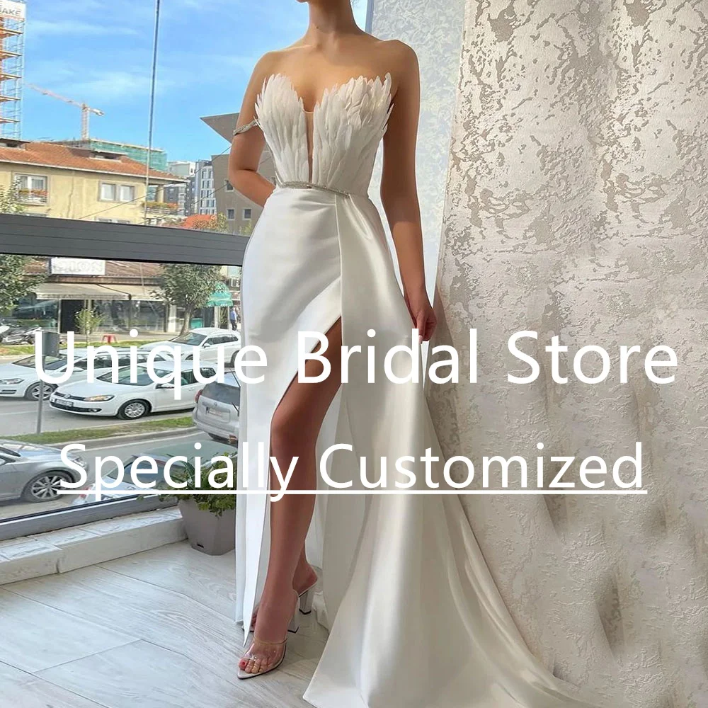 Customized Fashion Mermaid Prom Dress Satin Off The Shoulder With Feather High Split Sweetheart Draped Brush Train Vestidos Para