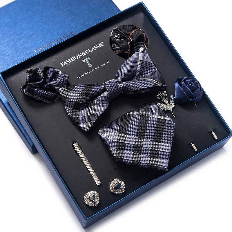 Holiday Present Tie Handkerchief Pocket Squares Cufflink Set Necktie Box Striped Dark Blue April Fool\'s Day