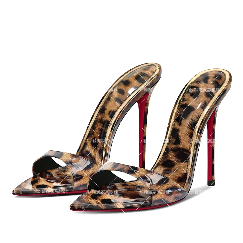 Women's Leopard Pattern Pointed High Heels Ultra Thin Bare Toe Sandals Simple Half Dragged Slippers 2025 Fashion Footwear