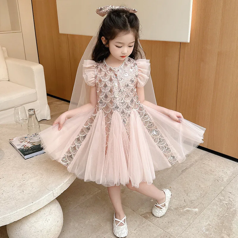 

Girls' Flying Sleeve Dress Summer New Style Children's Elegant Yarn Dress Kids Princess Style Dress