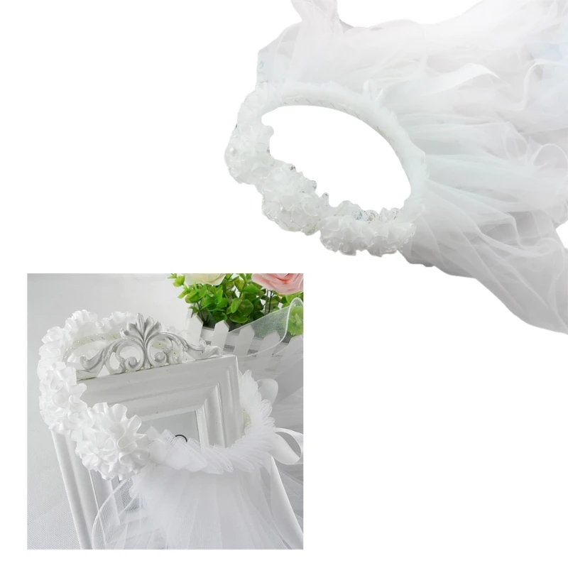 ZB91 Flower Hair Wreath Headband Floral Crown Garland with Adjustable Ribbon Tulle Veil Wedding Party Headpiece for Women