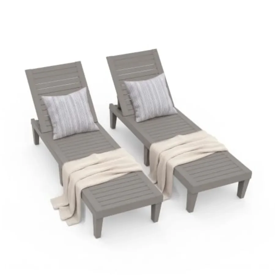 Outdoor Chaise Lounge Chairs Set of 2, PP Resin, Gray, Waterproof Lightweight with 5-Position Adjustable Backrest for Pool, Gar