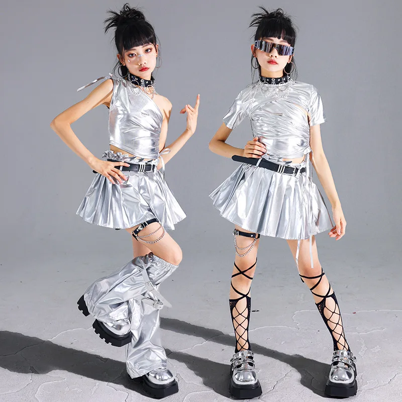 Jazz kpop dança traje meninas prata colheita superior saia plissada conjunto moda passarelas mostrar roupa crianças rua legal streetwear