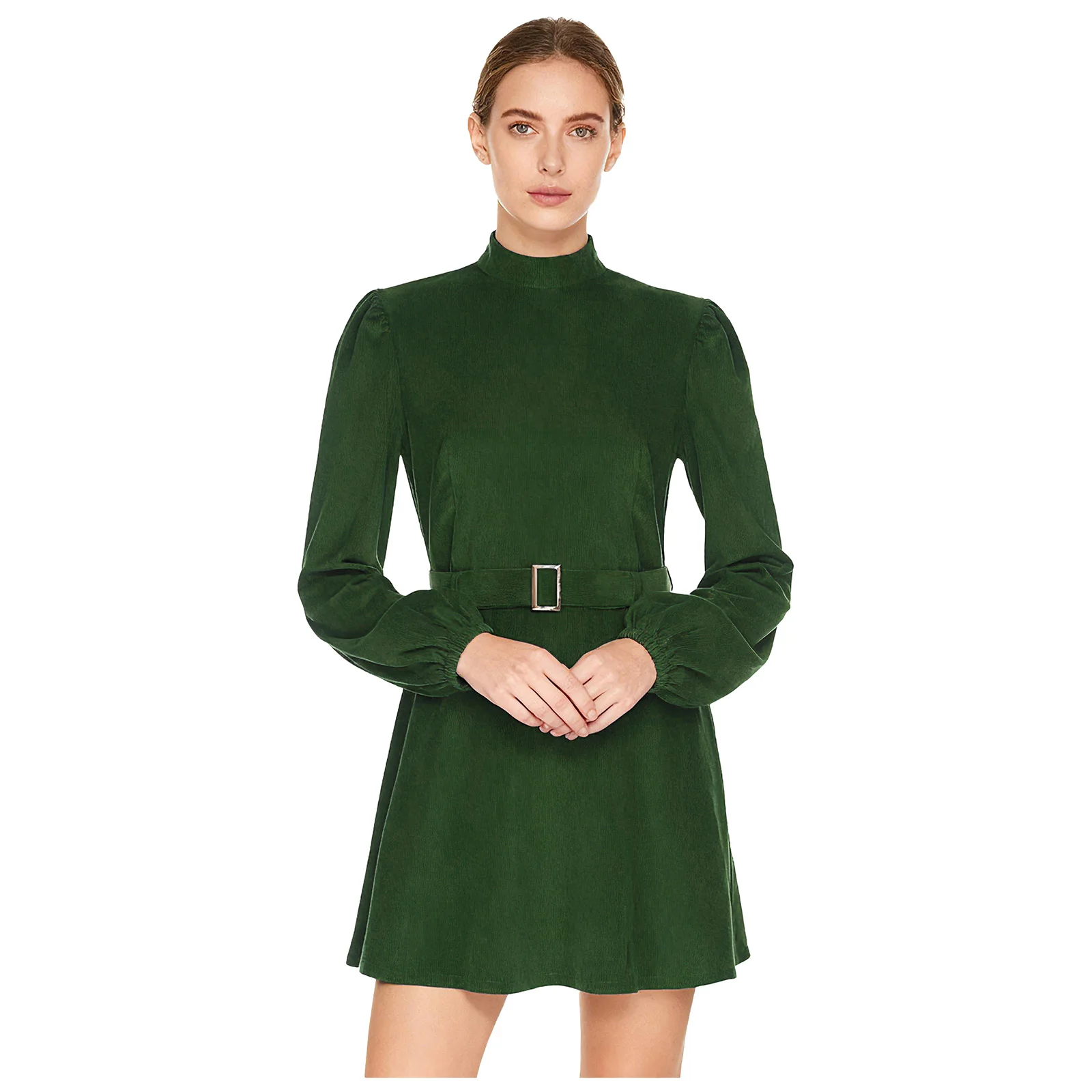 

Womens Fashion Corduroy Dress with Waist Belt Mock Neck Long Sleeve Back Zip A-line Dress for Daily Casual Office School