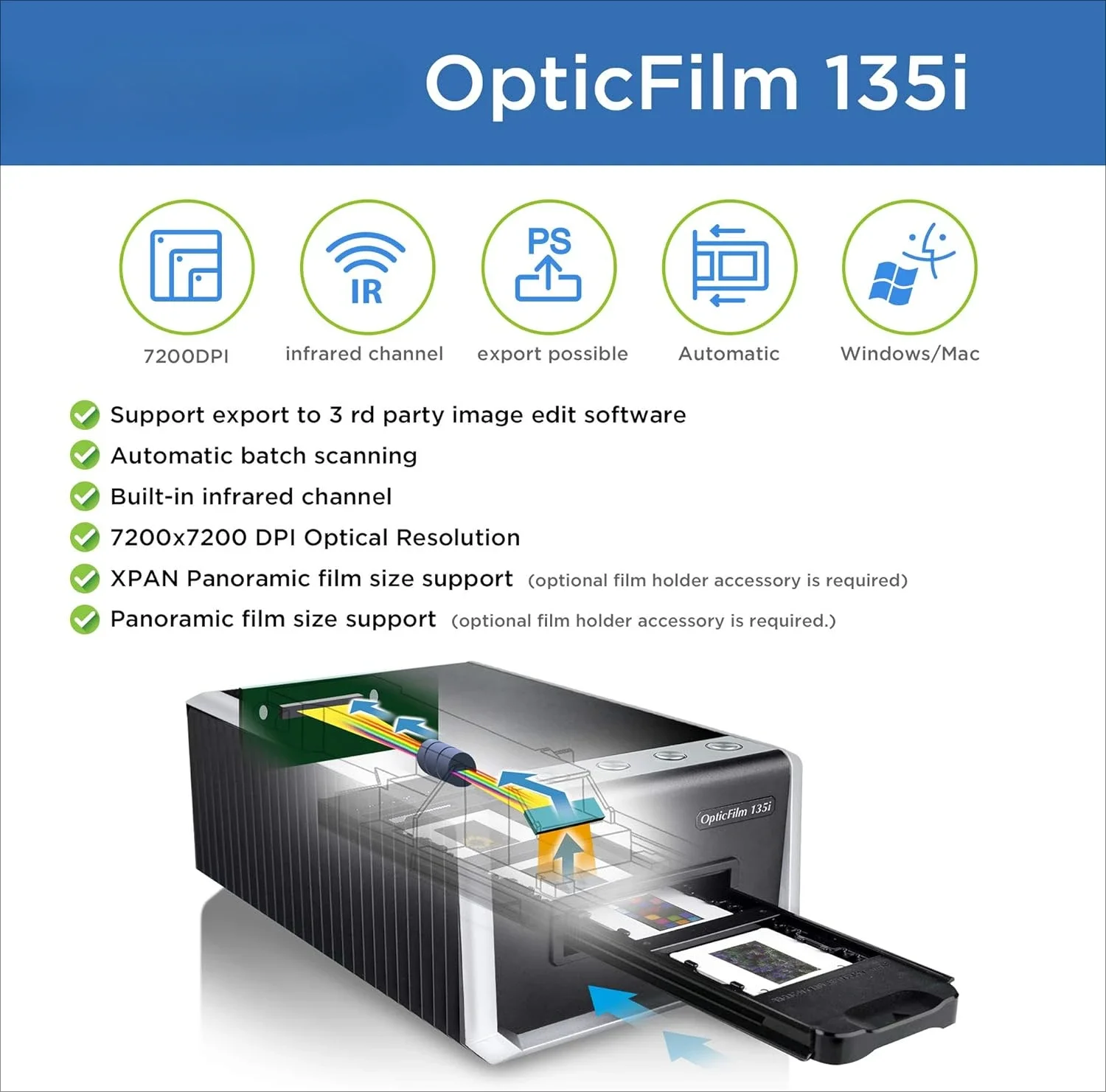 home.OpticFilm 135i - Automatic Film & Slide Scanner, Batch converts 35mm Slides & Film Negatives, Support 3rd Party Editing