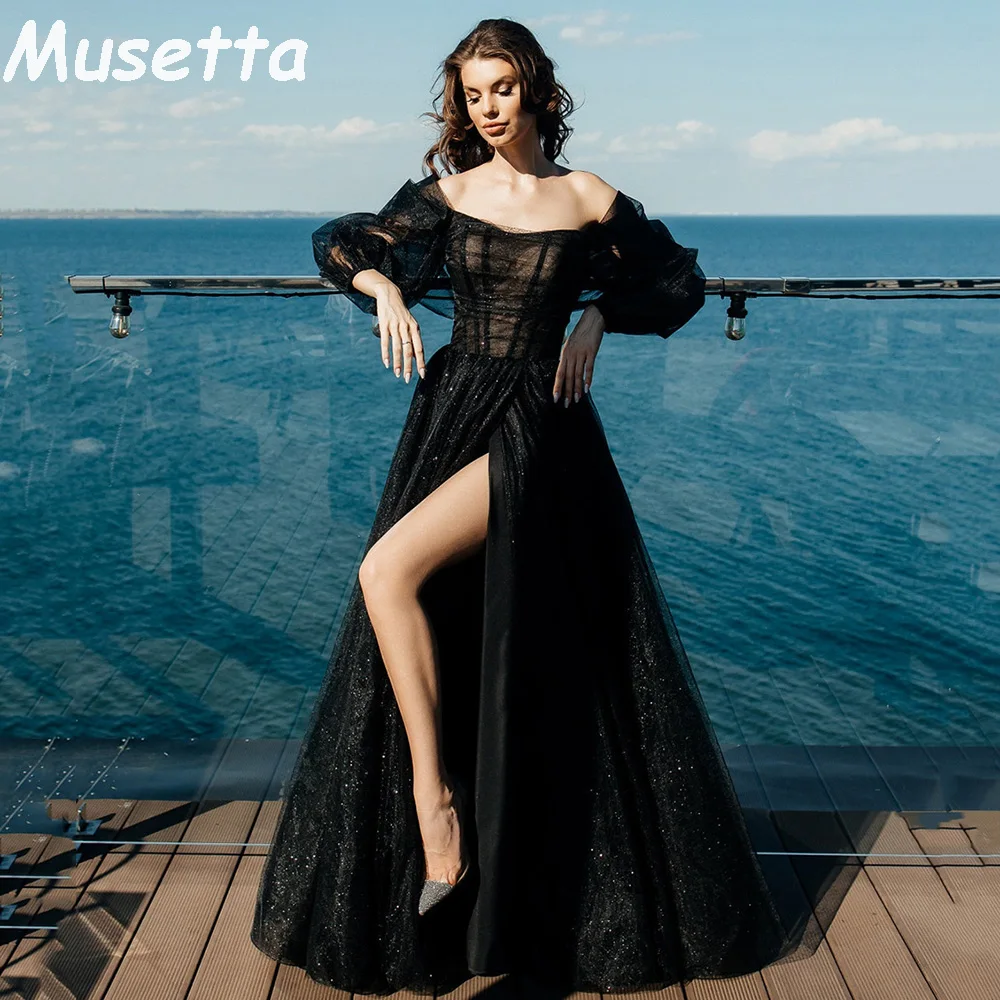 Musetta Glitter Black Prom Dress Shiny Puffy Sleeve Sexy High Side Split Formal Occasion Dresses Wedding Party Gown Customized