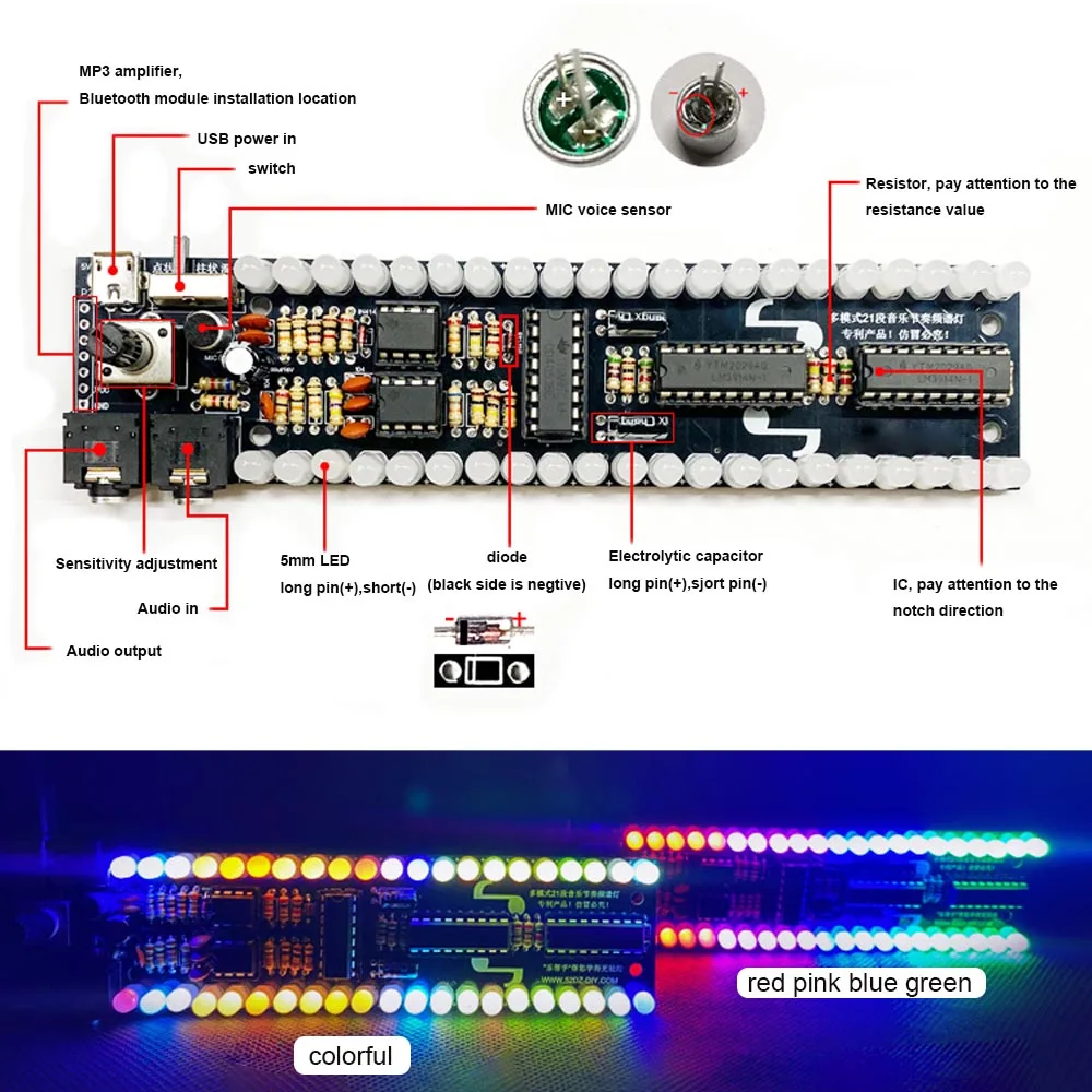 DIY electronic kit LED music spectrum colorful ambient Light assemble kit soldering project 15cm 21 segments