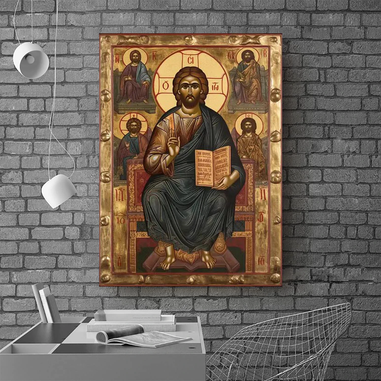 Orthodox Byzantine Style Mural Of Jesus Sitting On The Throne Of The Almighty, Golden Prayer Of Peace Religious Figures Wall