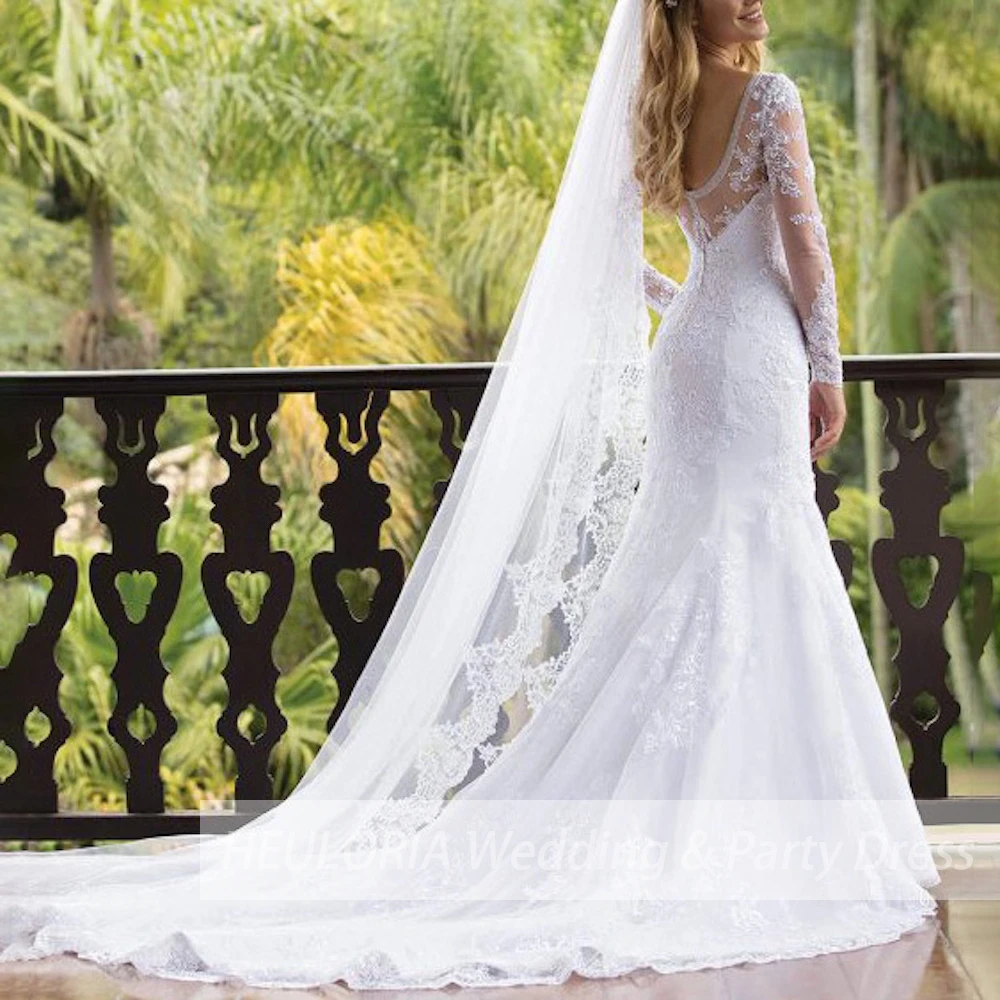 Abiti da sposa principessa sirena manica lunga pizzo perline o collo abito da sposa plus size abito da sposa Robe de mariage personalizza