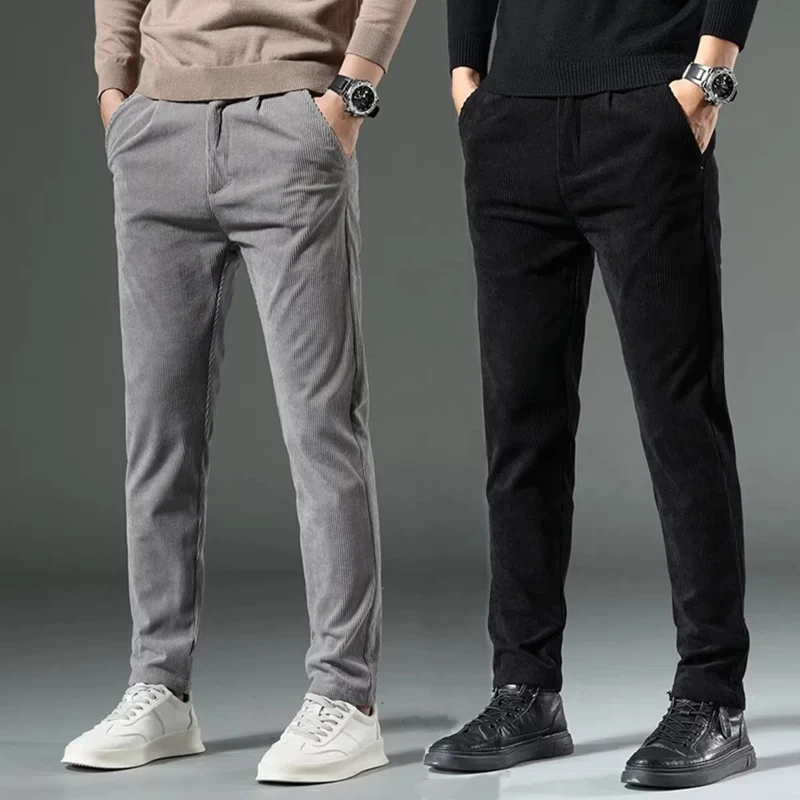 Korean Fashion Autumn Winter Corduroy Men\'s Solid Pockets Zipper Streetwear Trend Versatile Casual Loose Elastic Straight Pants