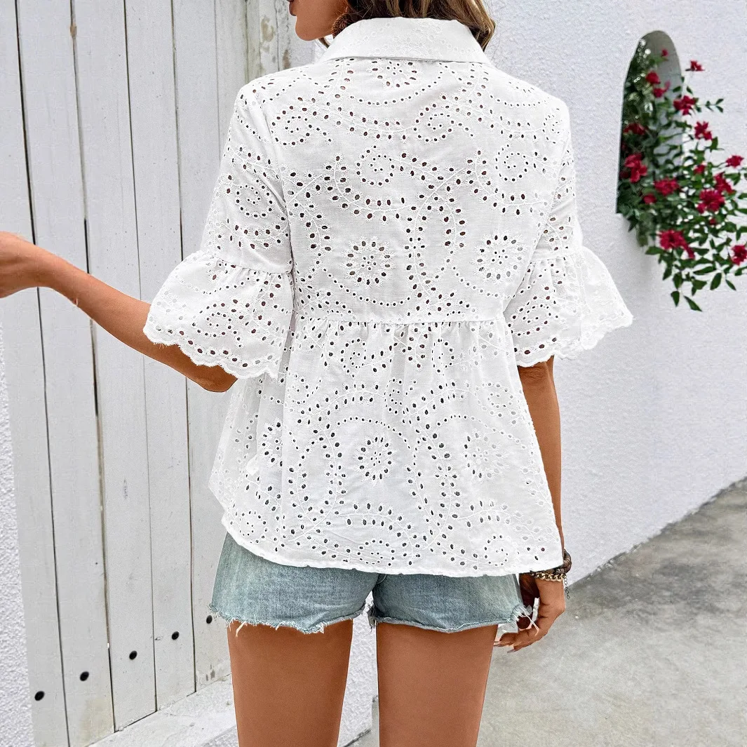 Casual White Hollow Out Blouses For Women Summer 2025 Fashion Loose Lace Button Turn-down Collar Shirts Tops Elegant Camisas