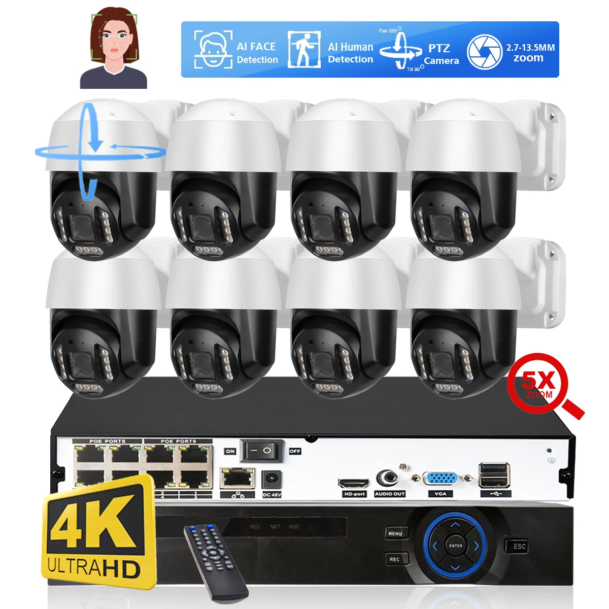 Sistema de cámaras de seguridad domo con Zoom óptico 5X, 8 canales, HD, 4K, PTZ, 8MP, IA, detección facial, Color, cámara nocturna IP, POE,