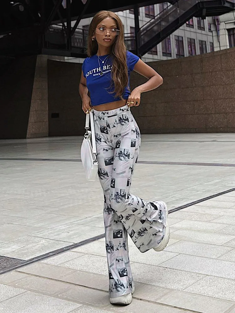 Silm Y2k Casual drukuje spodnie Flare dla kobiet ubrania w pasie moda Hip Wrap Pantalones Mujer Streetwear seksowne spodnie