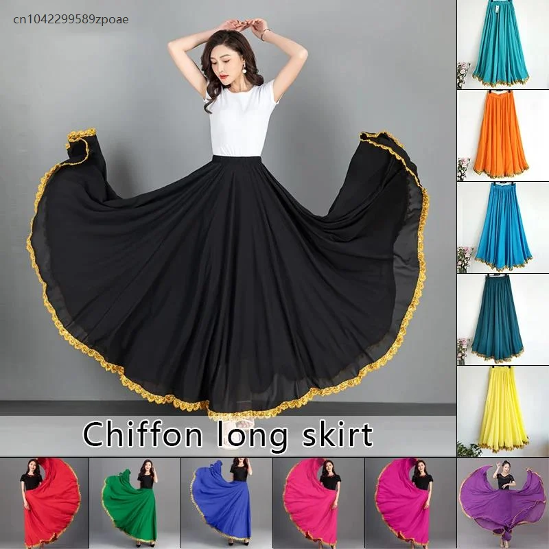 Damen 720-Grad-einfarbiger Tanzrock, spanischer Flamenco, großer Schaukel, hohe Taille, langer Rock, mexikanisches Tanzaufführungskostüm