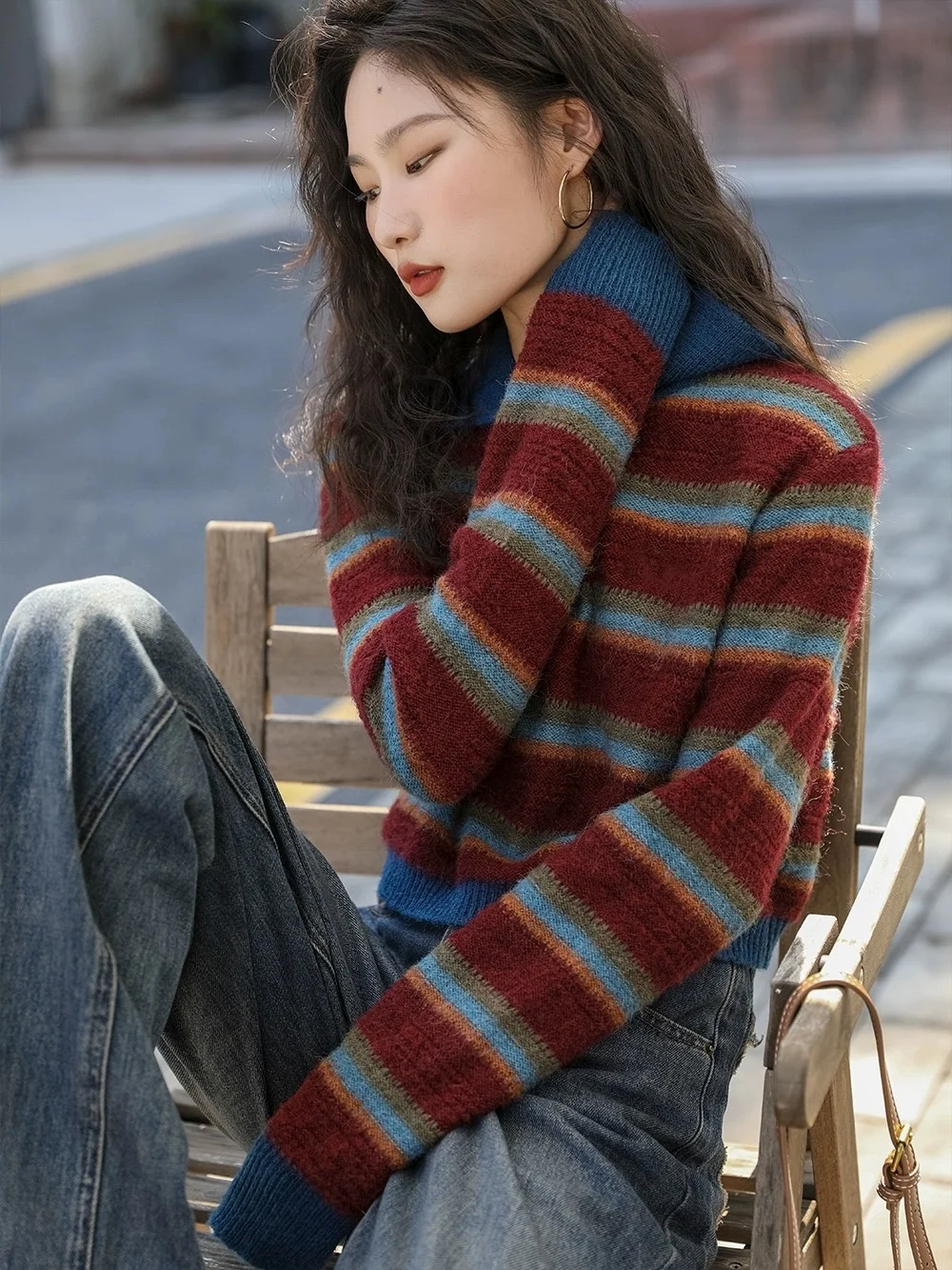 Cashmere pullover sweater autumn/winter new 100% wool casual color striped knit collar Blouse loose women's tops