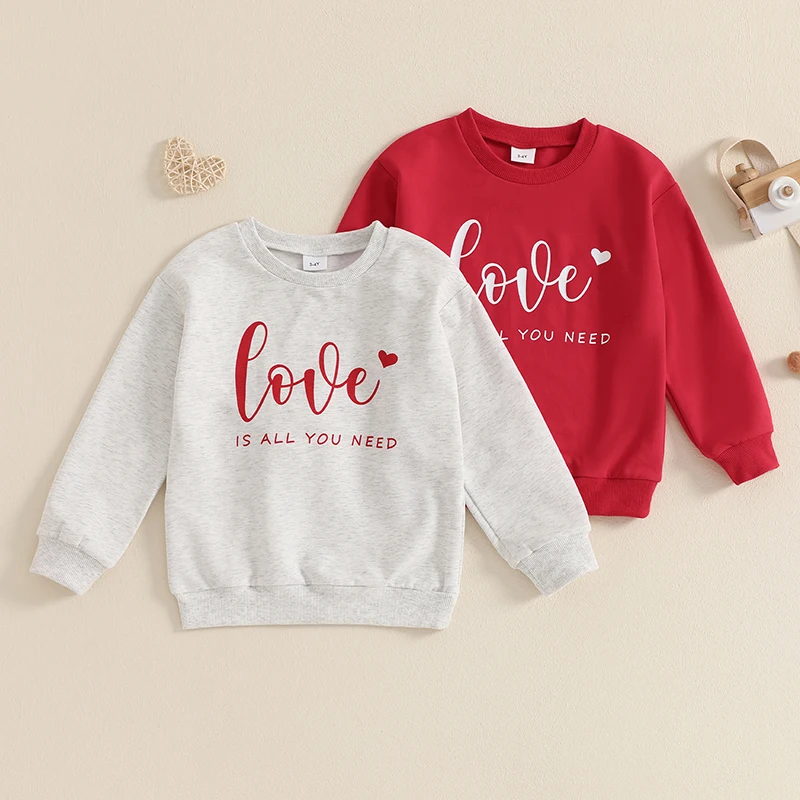 VISgogo Toddler Boys Girls Spring Sweatshirt Letter Heart Print Long Sleeve Round Neck Pullover for Valentine's Day Clothes