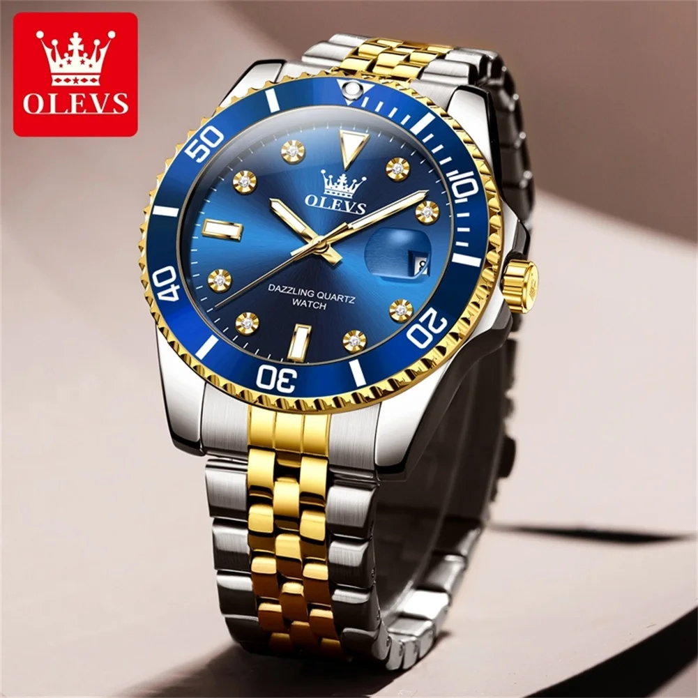 OLEVS 9809 Reloj para Hombre, Reloj de cuarzo Original a la moda, escala de circón, Reloj luminoso resistente al agua para Hombre, Reloj automático con fecha para Hombre