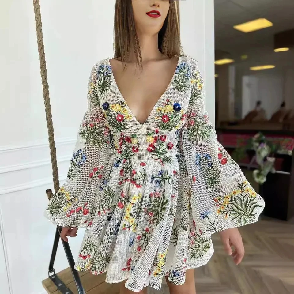 

2025 New White Deep V-neck Colorful Flower Embroidered Mesh Fairy Dress Temperament Elegant Slim And Thin Women's Clothing