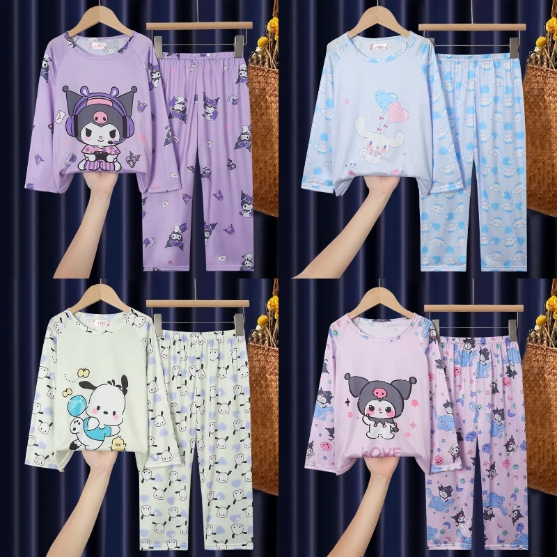 

New Kawaii Sanrioed Kuromi Cinnamoroll Children Pajamas Anime Pochacco Cartoon Boys Girl Sleepwear Long Sleeve Kids Home Clothes