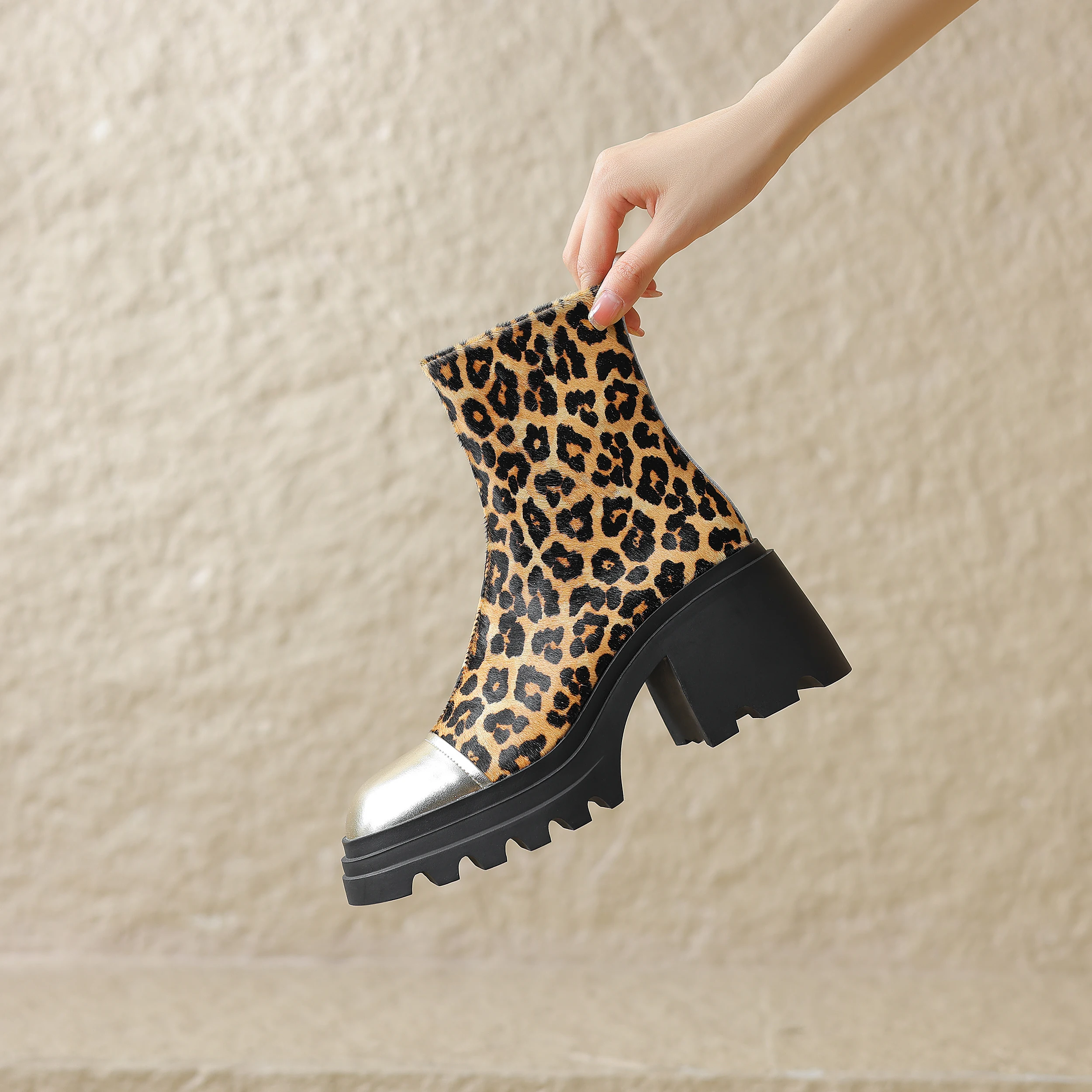 

Handmade Genuine Leather Horsehair Platform Women Boots Chunky Square Toe Leopard Ankle boots Women High Heels