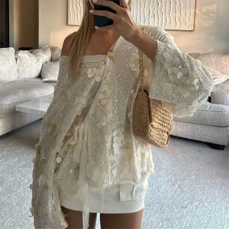 

hirigin Women Sequin Cardigan Shirt Sparkly Long Sleeve Tie Open Front Shirts White V Neck Cardigans Top Going Out Streetwear