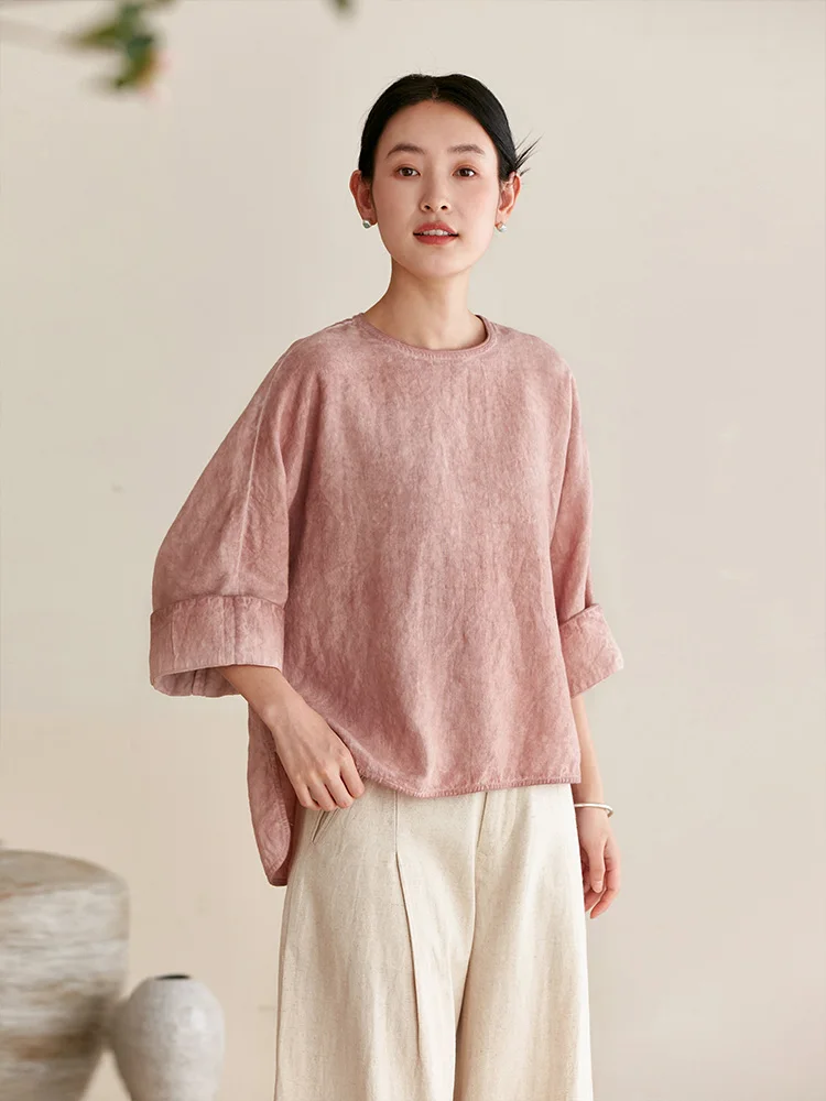 

Original 00% Linen A-Line round Ne Loose Fit Top for Women by Siyan Comfortable Casual Chinese Sle irt Spring Season