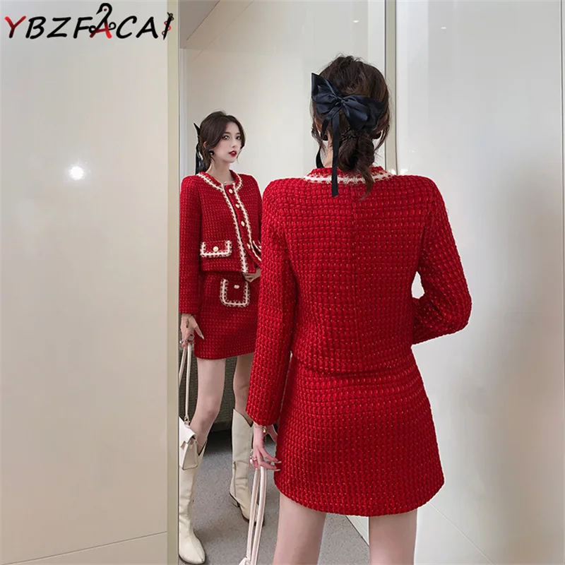 2022 Red Check Tweed Set Women Fall Winter Luxury O Neck Long Sleeve Tweed Jacket + High Waist Skirt Two Piece Pearl Fringe Coat