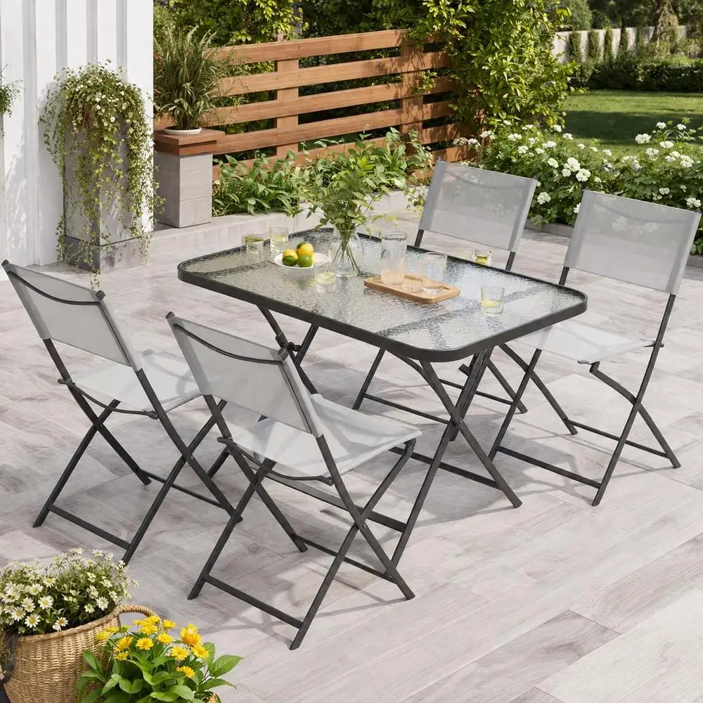 Ensemble de jardin 4 chaises + 1 table, salon de jardin 5 pièces, chaises pliables en textilène, plateau en verre trempé gris